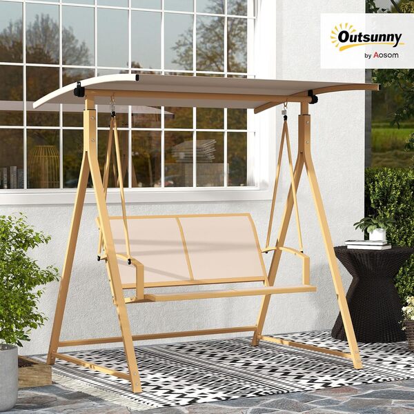 Outsunny Balancelle de jardin extérieure 2 places avec auvent réglable à 90°, protection UV 30+ et structure triangulaire en métal, charge 220 kg, 160 x 112 x 162 cm, kaki