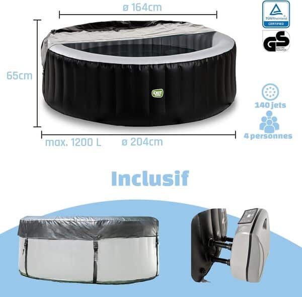 EXIT Toys Silver Classic Spa - ø204x65cm - Spa Gonflable Extérieur - pour 4 Personnes - Inclus Chauffage, Pompe Filtrante et Bâche de Protection Isolante - 140 Jets d'air Puissants - Noir