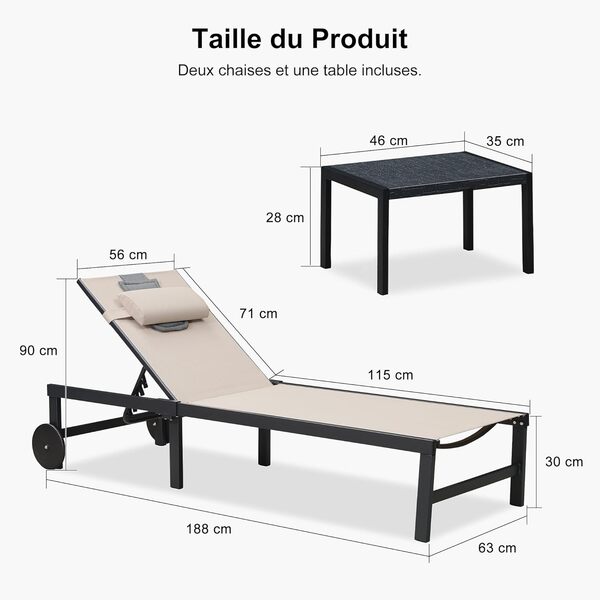 PURPLE LEAF Lot de 2 Chaises Longues de Jardin avec Table, Bain De Soleil Lot Aluminium de 2 roulettes, Transat Piscine avec 2 Oreillers, Charge Maximal 150 kg, Transat Jardin Exterieur, Beige