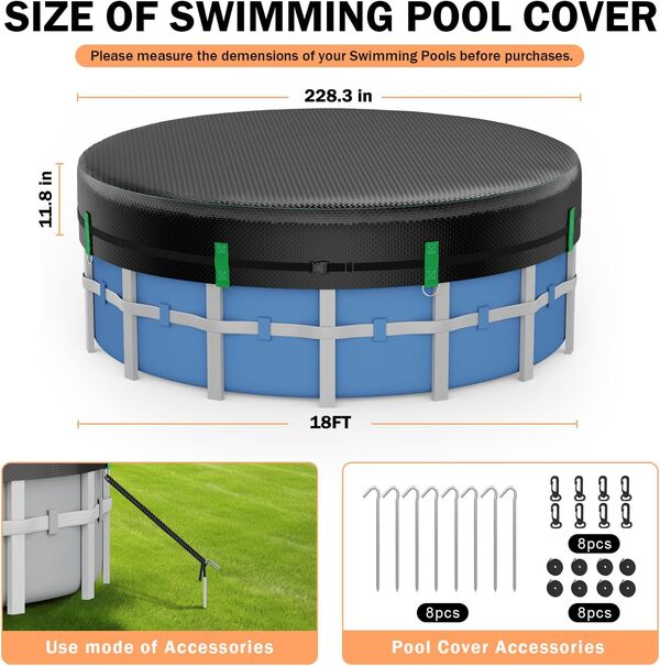 Bâche de piscine ronde de 5,5 m, bâche solaire pour piscine hors sol, couverture d'hiver avec accessoires, housse de jacuzzi ronde, idéale pour l'eau et la poussière