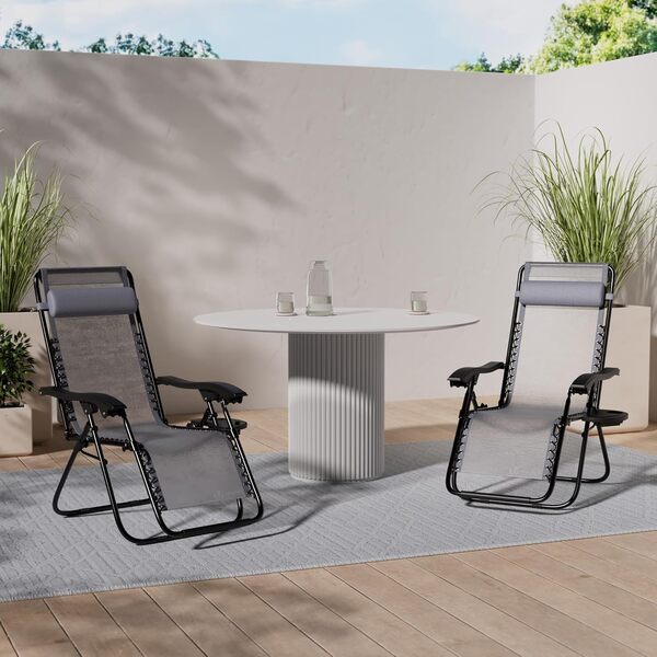 vounot® Lot de 2 Chaise Longue inclinable avec Support de Gobelet Amovible Chaise de Jardin Pliable en Textilène Chaise Longue avec Rembourrage de Tête Amovible Charge Max 120KG Gris