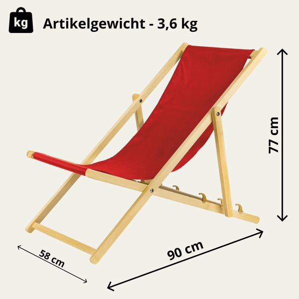Lot de 4 chaises longues pliantes - En bois - Idéale pour plage et jardin - Rouge