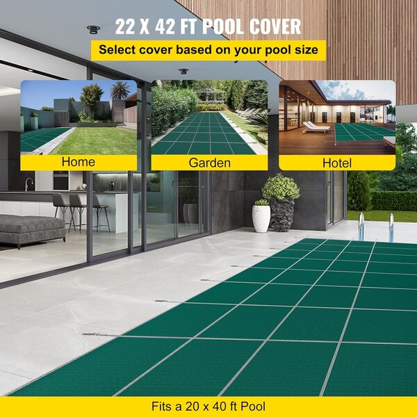 VEVOR Couverture de sécurité pour piscines creusées 6,1x12,2 m maille verte avec marches d'extrémité centrales 1,2x2,4 m couverture de sécurité solide pour piscine d'hiver, résister au soleil, au vent