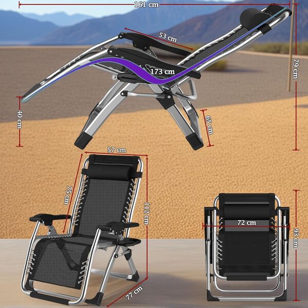 2Pcs 72cm Largeur Transat Jardin Exterieur avec Coussin Rembourré, appuie-tête, Porte-gobelet,Chaise Longue Pliante avec Dossier réglable pour Balcon,Plage,Terrasse-(Noir + Silver)