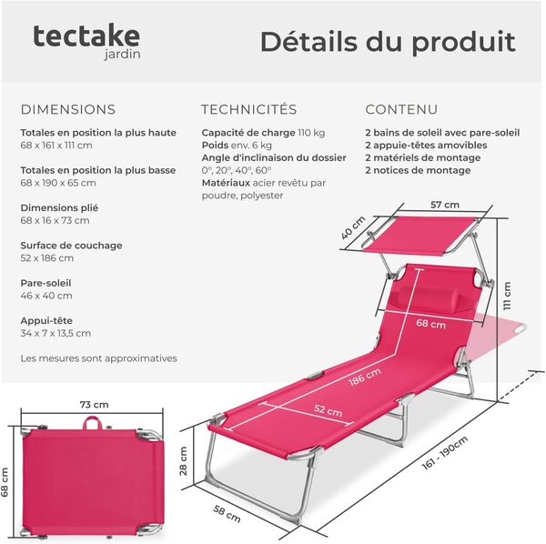 TecTake® Set de 2 Chaise Longue Pliante Bain de Soleil Jardin Exterieur avec Pare Soleil & Appuie-tête Chaise Longue inclinable Transat de Plage Relax Camping Salon de Jardin Exterieur - Rose
