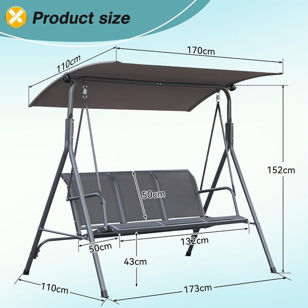 Angel Living Balancelle de Jardin 3 Places avec Toit Pare-Soleil, Chaise de Jardin, Toit Inclinaison Réglable pour Jardins, Terrasses, Balcons, 173x110x152cm (Gris)