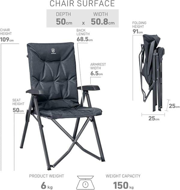 EVER ADVANCED Chaise de Camping Pliable capacité 150kg Pliante Chaise Longue de Jardin Rembourrée de Luxe avec 4 Positions Chaise de Pêche Réglable pour Balcon