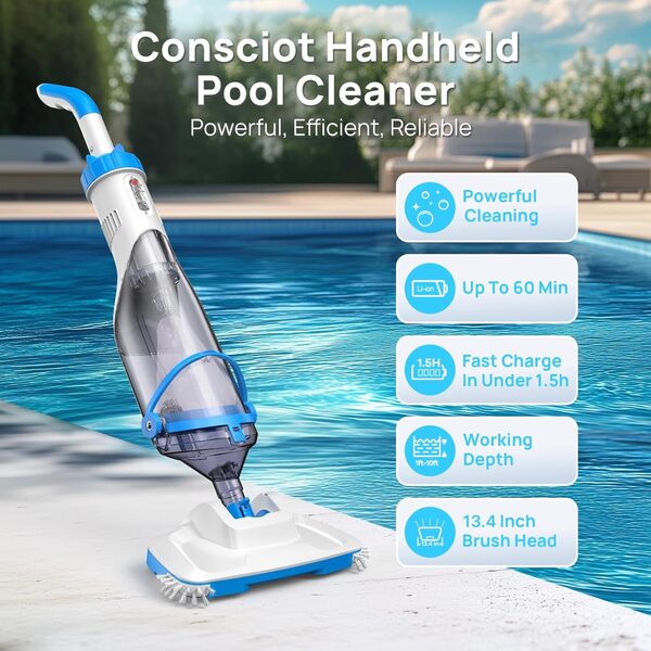 Consciot Aspirateur de piscine pour piscine hors sol et piscine creusée, nettoyeur portatif rechargeable avec manche télescopique, aspiration de 18,5 GPM, tête de 34 cm, autonomie de 60 minutes, pour