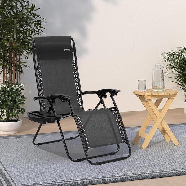 SereneLife Lot Set de 2 Chaises Pliantes - Chaise Longue Réglable pour Extérieur avec Table Latérale, Porte-Gobelets, Oreillers Amovibles - Patio, Jardin, Plage - Noir délavé
