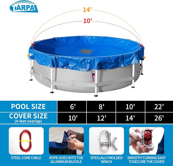 TARPAL Bâche ronde de 3 m pour piscine hors sol de 8 mm résistante aux UV, protection contre les débris et les feuilles mortes, la poussière, couverture de piscine extérieure bleu/noir (taille de la