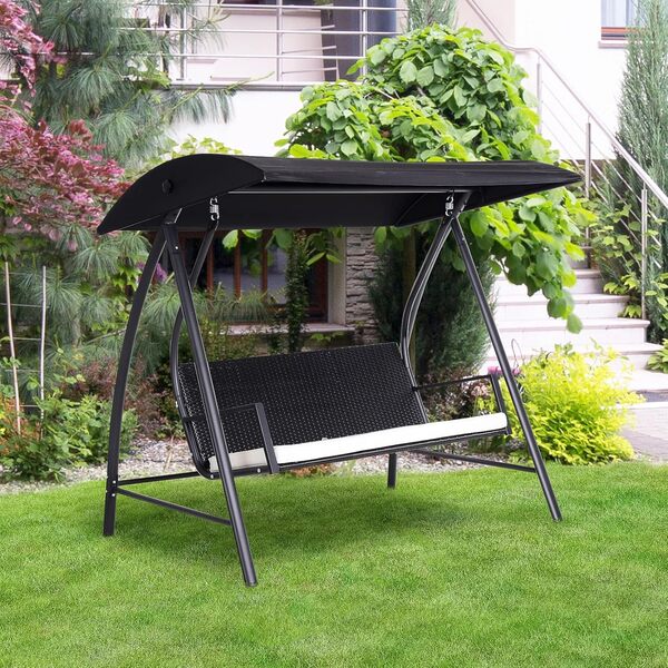 Outsunny Balançoire hollywoodienne 3 places en poly rotin Balançoire de jardin avec toit réglable Coussin pare-soleil Balançoire suspendue jusqu'à 360 kg Balançoire suspendue pour le jardin
