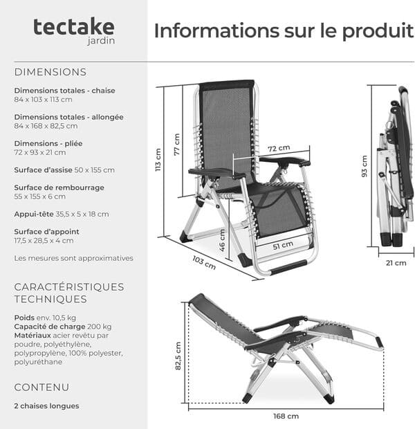 TecTake® Lot de 2 Fauteuil de Jardin Chaise Longue Pliable & Inclinable avec Rembourrage Repose Pieds Accoudoirs Appuie-tête Amovible Salon de Jardin Exterieur, Cadre Acier époxy, Mobilier