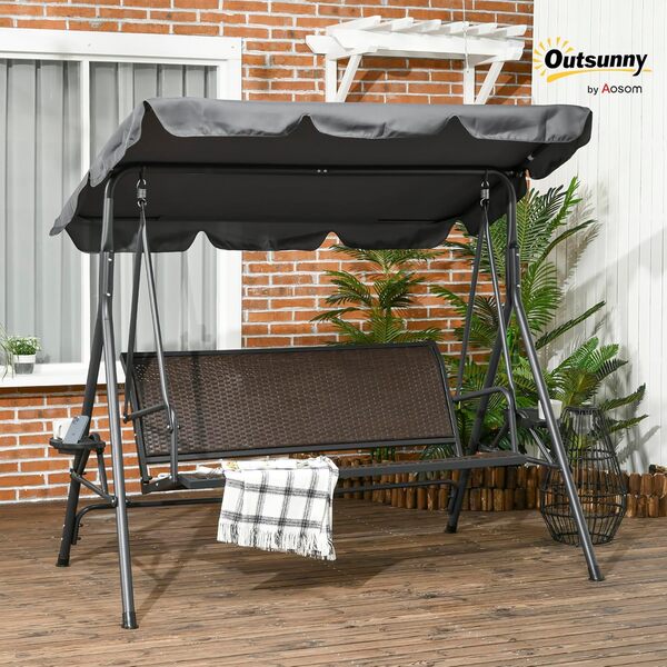 Outsunny Balancelle de Jardin 3 Places Toit Inclinaison réglable avec Porte-gobelets et Plateaux Assise Dossier Ergonomique en résine tressée PE Cadre en Acier et Polyester Gris foncé et Marron