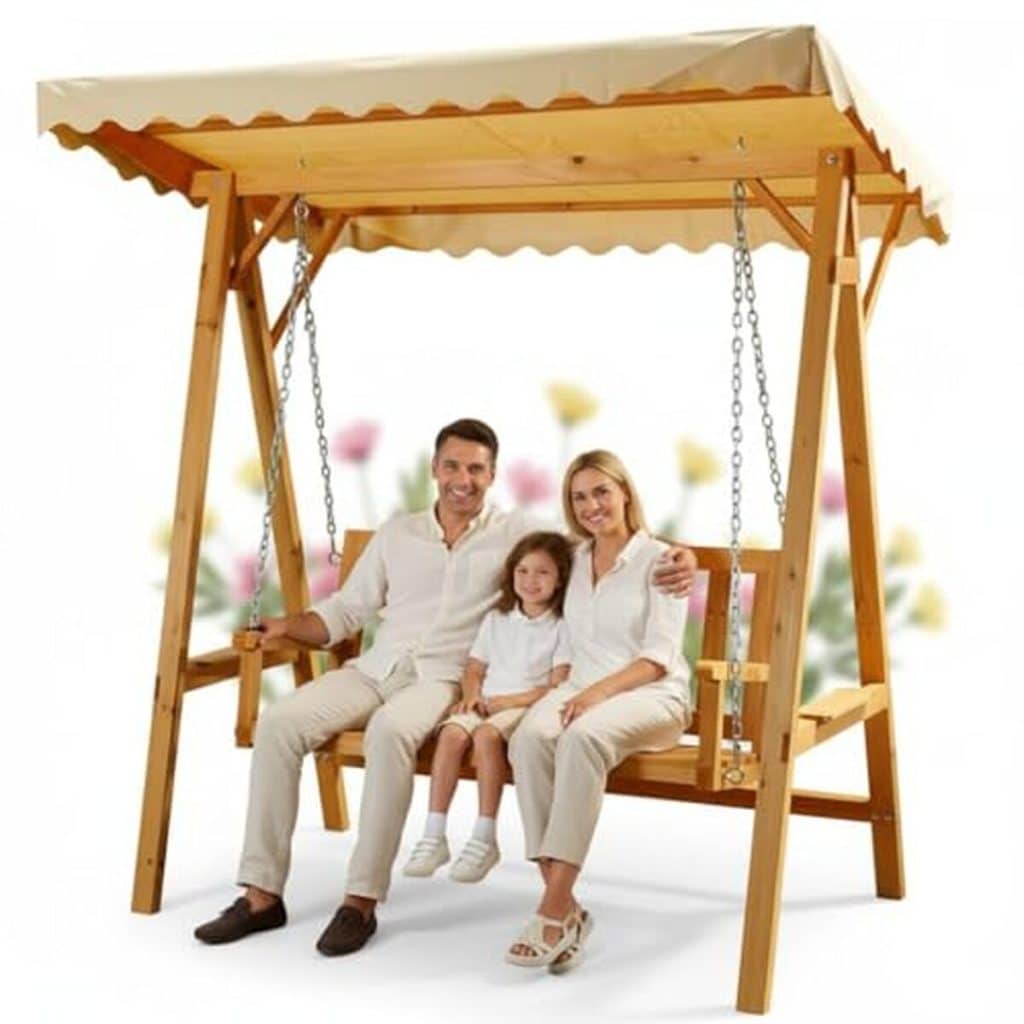 Test de la balancelle de jardin Melko en bois avec toit